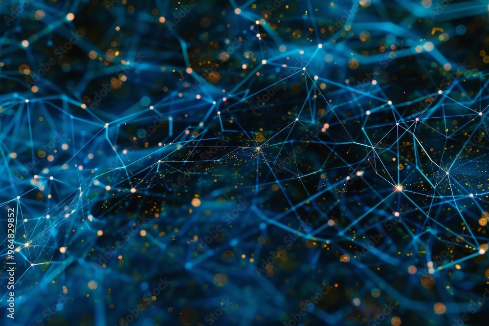 Poster delicate lines and points of light form an intricate web of connections, illustrating a digital netw