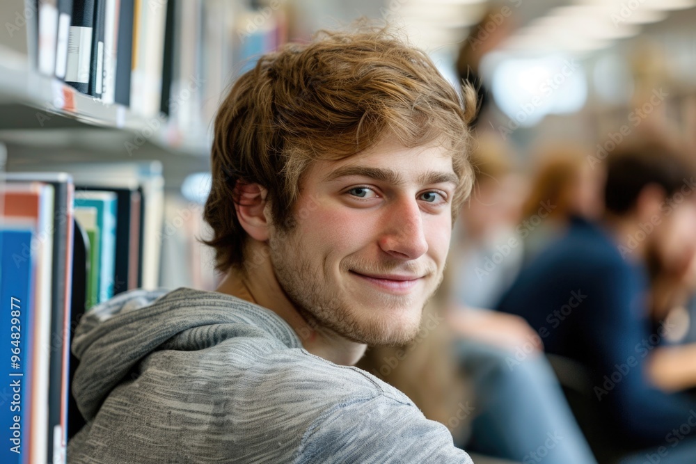 Poster a person sitting in front of a bookshelf, reading a book