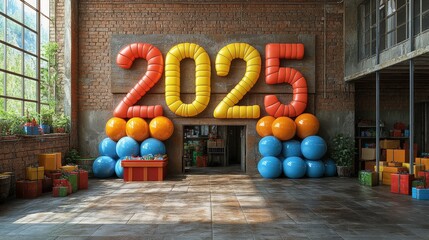 Happy New Year 2025 Number. Symbols realistic cartoon 3d render with gift box. Christmas decoration. Celebrate party color sign 2025. Xmas Poster, banner. ai generated