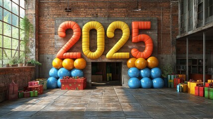 Happy New Year 2025 Number. Symbols realistic cartoon 3d render with gift box. Christmas decoration. Celebrate party color sign 2025. Xmas Poster, banner. ai generated