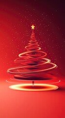 Spiraling Christmas Tree with Star on Vibrant Red Background and Sparkling Effect