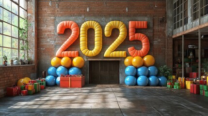 Happy New Year 2025 Number. Symbols realistic cartoon 3d render with gift box. Christmas decoration. Celebrate party color sign 2025. Xmas Poster, banner. ai generated