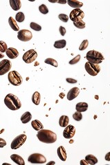 A stack of freshly roasted coffee beans on a clean white surface, perfect for your next coffee-themed project