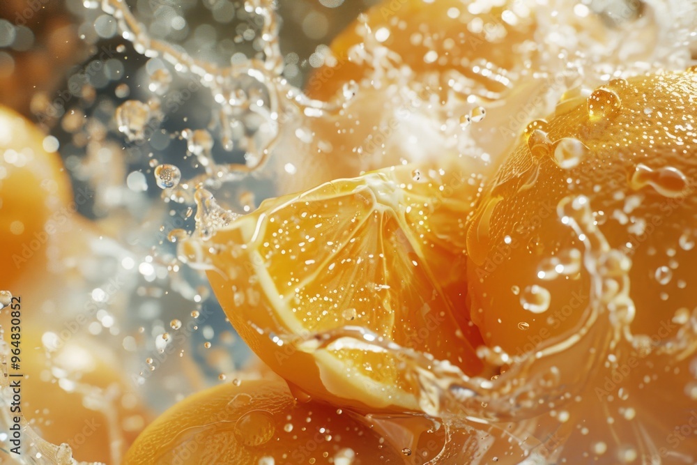 Poster close-up shot of an orange being splashed with water, ideal for use in recipes or food-related conte