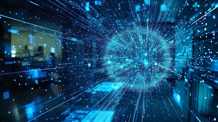 A high-tech physics lab studying particle collisions with real-time holographic data visualization