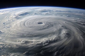 A massive hurricane rotates aggressively above the ocean, showcasing a defined eye and swirling clouds, viewed from a high-altitude perspective in space.