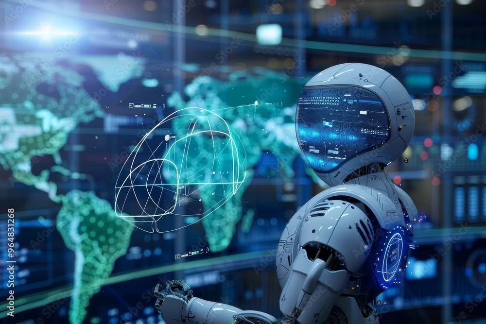 Poster a robot stands in a high-tech lab, analyzing a glowing digital globe while surrounded by screens dis