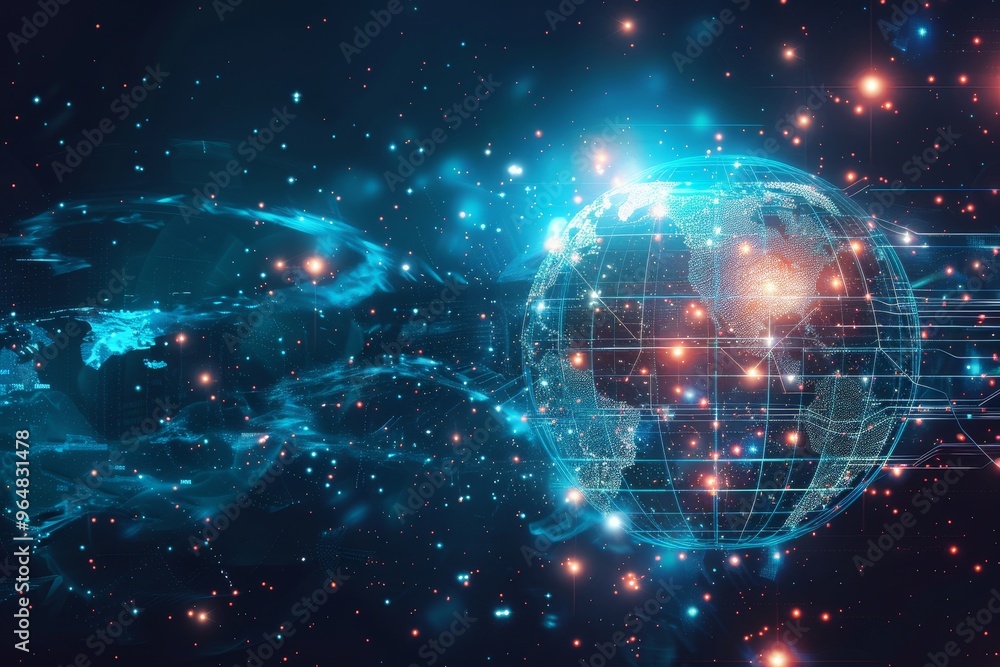 Poster the artwork depicts earth as a glowing sphere interconnected with luminous data streams and cosmic e