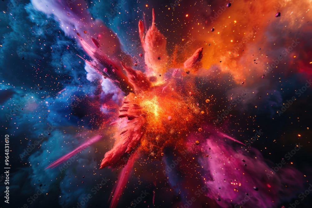 Poster a vibrant display of colors in the night sky, with puffs of smoke adding depth and texture