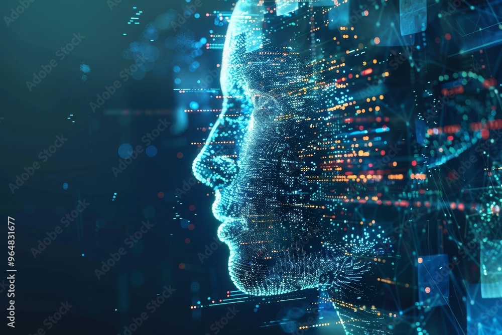 Aufkleber a visual depiction of a human face made from vibrant data points and glowing lines, illustrating the