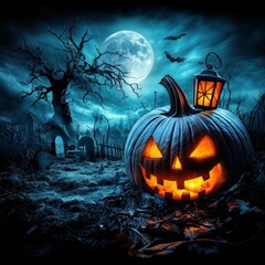 Fototapeta premium Spooky Halloween Night with Glowing Pumpkins and Full Moon. Generative ai