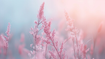 soft gently wind grass flowers in aesthetic nature of early morning misty sky background. Quiet and calm image in minimal zen mood. Spring nature in pastel tone.