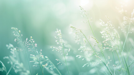 Naklejka premium soft gently wind grass flowers in aesthetic nature of early morning misty sky background. Quiet and calm image in minimal zen mood. Spring nature in pastel tone.