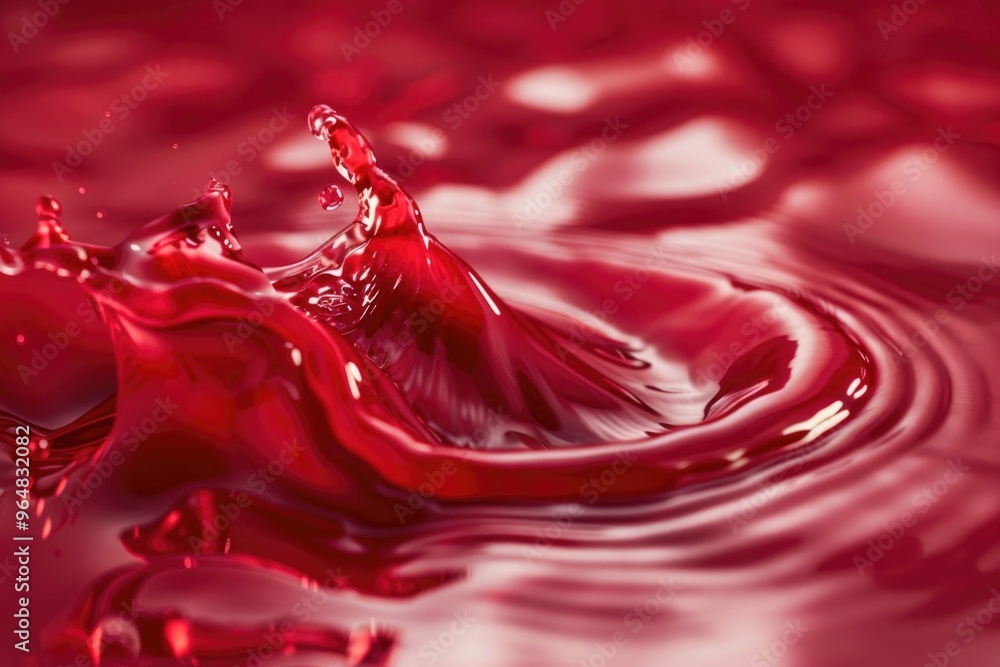 Poster A close-up shot of red liquid splashing on top of another red surface, ideal for use in designs related to passion, energy or warning signs