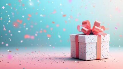 Fototapeta premium Elegant Gift Box with Pink Ribbon Amidst Falling Confetti on Pastel Gradient Background