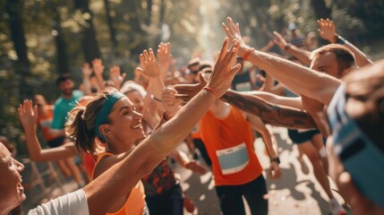 Fototapeta premium Group of people forming a human chain, hands held high