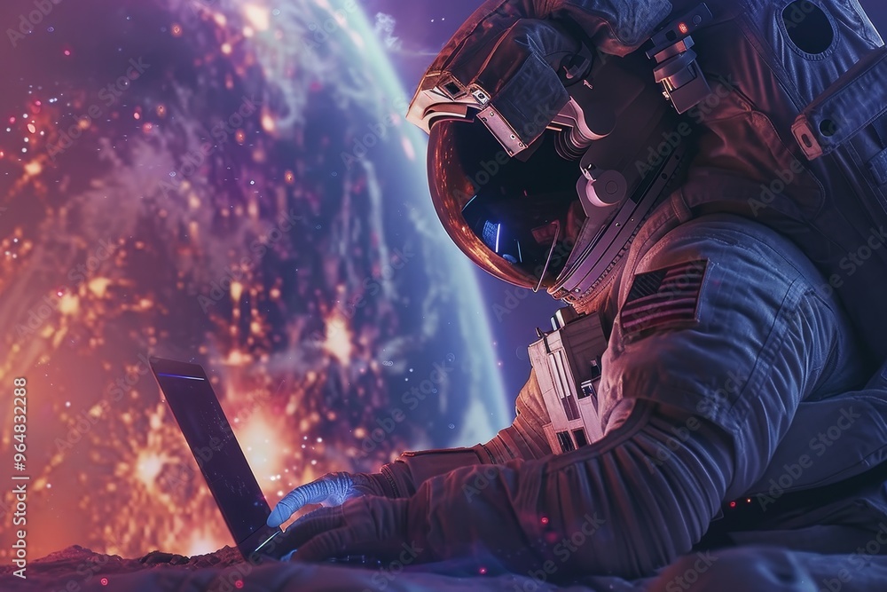 Aufkleber an astronaut is focused on typing on a laptop in outer space, surrounded by a breathtaking view of e
