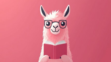 Fototapeta premium Adorable Llama with Glasses Reading a Book on Pink Background - Cute and Funny Animal Stock Image