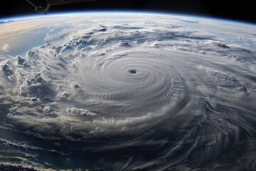 A massive hurricane swirls above the ocean, showcasing a well-defined eye surrounded by turbulent clouds, captured from a unique view in space during daylight.