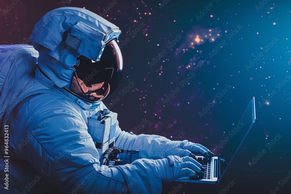Aufkleber an astronaut types on a laptop while floating in space, immersed in a universe filled with vibrant g
