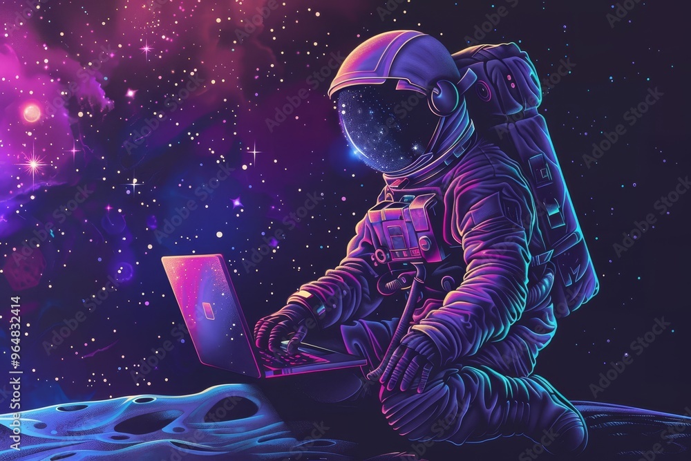 Poster an astronaut in a spacesuit operates a laptop on the moon's surface, immersed in a captivating cosmi