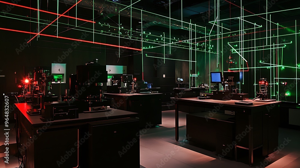 Poster a high-tech physics lab using virtual reality to visualize the behavior of photons and lasers