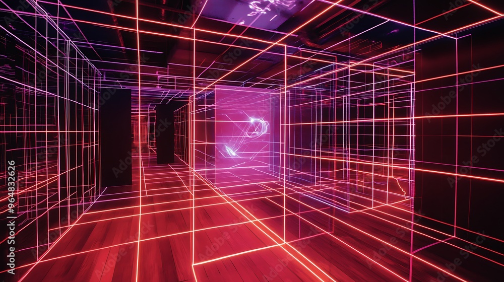 Poster a high-tech physics lab using virtual reality to visualize the behavior of photons and lasers