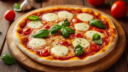 A yummy Margherita pizza with all its ingredients, ready to be enjoyed on a wooden table.