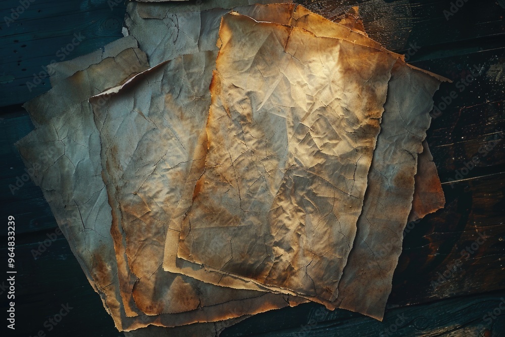 Poster a stack of vintage documents and papers resting on a rustic wooden surface