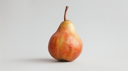 A solitary pear sits on a white surface