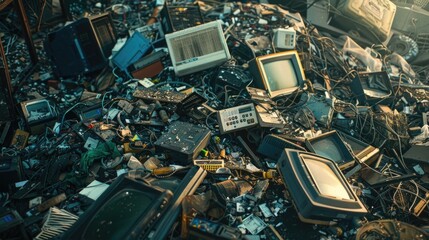 A pile of discarded electronics sits atop a pile of rubble, highlighting the issue of e-waste disposal