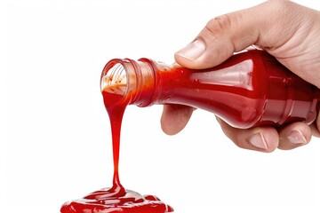 A person pouring ketchup onto a spoon