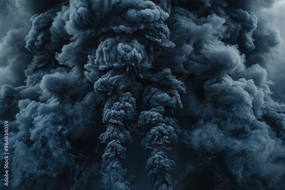 Poster a massive column of dark smoke billows upwards, filling the air with pollution and obscuring visibil