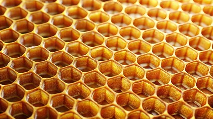 Golden honeycomb cells macro texture with glossy honey