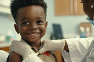 Naklejka premium A young boy having his teeth cleaned and examined by a pediatric dentist