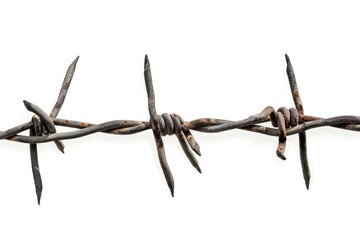 A close-up shot of rusty barbed wire on a white background, suitable for use in industrial or military themed designs