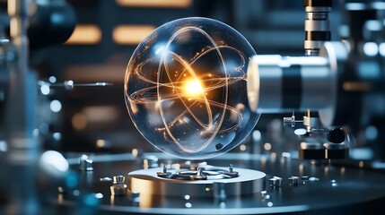 A high-tech physics lab with real-time visualization of electromagnetic fields and quantum experiments