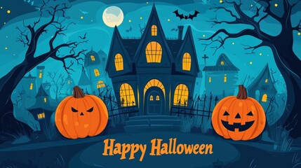 Fototapeta premium Flat Vector Illustration of Halloween Night Background with Haunted House, Pumpkin and Scary Tree with Text 