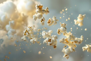 A bunch of popcorn kernels suspended in mid-air, capturing a playful moment