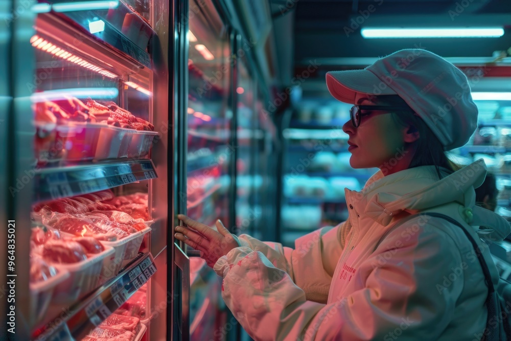 Poster A person inspecting meat products in a retail display case, potentially for purchase or comparison