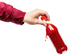 Naklejka premium A person grasping a bottle of red liquid in a straightforward manner