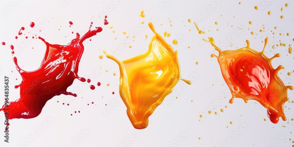 Poster three colorful liquids splashing on a white surface