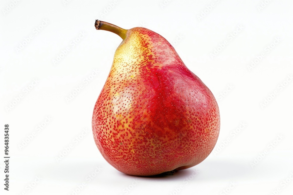 Poster a close-up image of a ripe pear with bright red and yellow skin on a clean white background