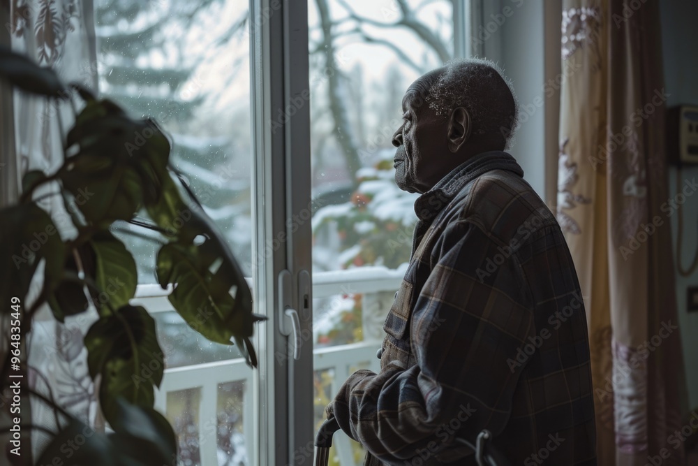 Poster a person gazing outside through an open window