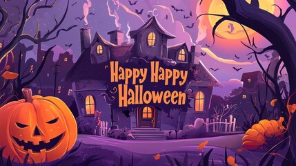 Flat Vector Illustration of Halloween Night Background with Haunted House, Pumpkin and Scary Tree with Text "Happy Halloween ". Minimal Design. Flat Vector Graphics. Vector Art Style