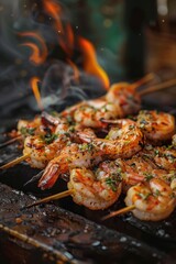 A close-up shot of various foods being grilled