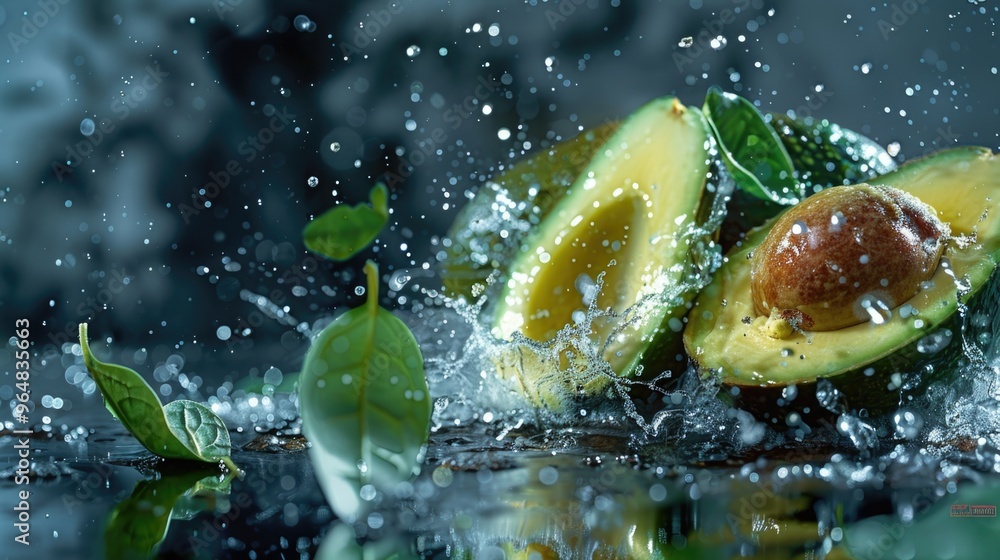 Poster A ripe avocado falls from above into the calm water, creating ripples and a splash