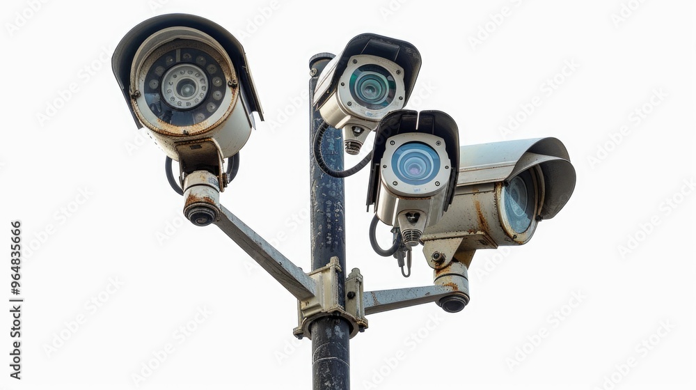 Poster two security cameras mounted on a pole for monitoring an area