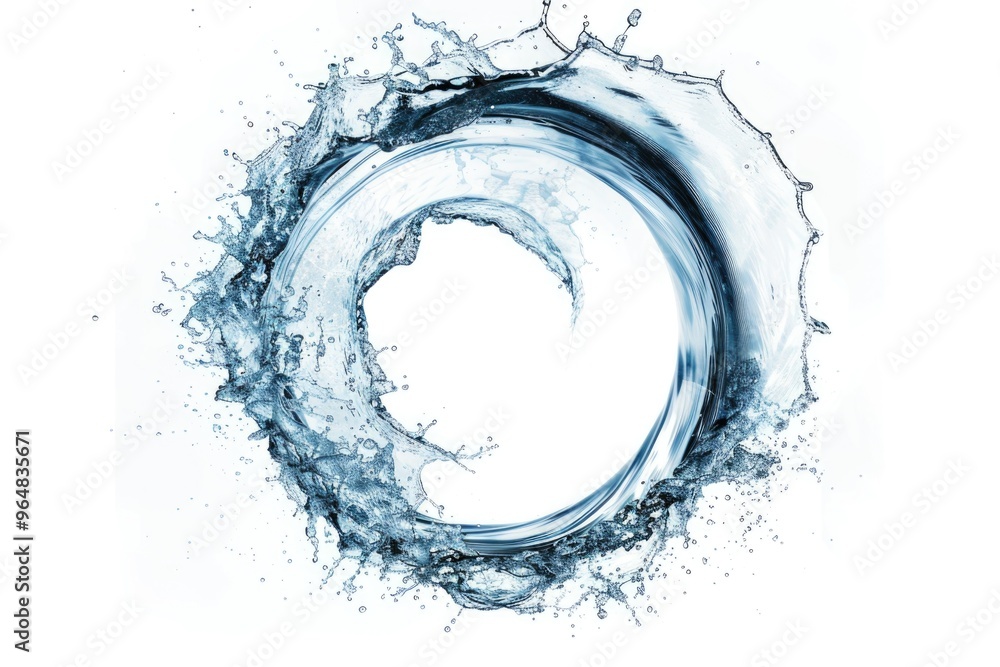 Poster a stylized circle created by water splashes on a white background, suitable for use in designs relat