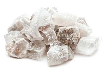 A pile of sugar crystals on a white surface